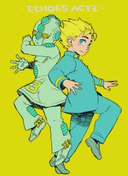 Rule 34 | 1boy, aqua eyes, back-to-back, blonde hair, character name, echoes (stand), echoes act3, from side, full body, gakuran, hirose koichi, jojo no kimyou na bouken, limited palette, male focus, mikey uo, school uniform, simple background, smile, stand (jojo)
