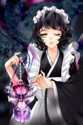 Rule 34 | apron, artist request, black hair, frills, green eyes, grin, holding, japanese clothes, kimono, lesnoa (sword girls), lowres, maid, maid apron, maid headdress, one eye closed, open mouth, short hair, smile, smoke, solo, sword girls, wa maid, wavy hair, wink