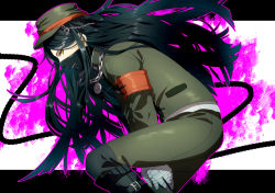 Rule 34 | 1boy, armband, bandaged hand, bandages, between legs, black background, black footwear, black hair, blood, boots, brown eyes, brown hat, brown jacket, brown pants, chain, chain necklace, closed mouth, commentary request, danganronpa (series), danganronpa v3: killing harmony, feet out of frame, hagi (hagi 0), hand between legs, hat, jacket, jewelry, knee boots, long hair, long sleeves, looking at viewer, male focus, mask, mouth mask, necklace, outline, pale skin, pants, peaked cap, pink blood, pink outline, shinguji korekiyo, shiny clothes, solo, white background
