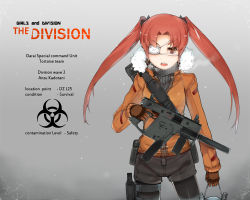 Rule 34 | 10s, 1girl, assault rifle, backpack, bad id, bad pixiv id, bag, brown hair, crossover, ekuesu, eyepatch, girls und panzer, gun, highres, holster, jacket, kadotani anzu, long hair, rifle, solo, submachine gun, suppressor, tom clancy&#039;s the division, twintails, weapon