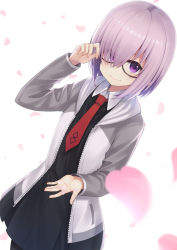 Rule 34 | 1girl, black-framed eyewear, black dress, blurry, commentary request, cowboy shot, depth of field, dress, fate/grand order, fate (series), glasses, grey jacket, hair over one eye, hand up, highres, jacket, light purple hair, long sleeves, looking at viewer, mash kyrielight, mottsun (i 40y), necktie, open clothes, open jacket, pantyhose, petals, purple eyes, red necktie, short hair, smile, solo, standing, white background, wing collar