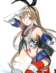 Rule 34 | 1girl, black hairband, black neckerchief, black panties, blonde hair, blue sailor collar, blue skirt, commentary request, cowboy shot, crop top, elbow gloves, full body, gloves, grey eyes, hairband, highleg, highleg panties, highres, kantai collection, long hair, machinery, microskirt, miniskirt, neckerchief, panties, pleated skirt, rensouhou-chan, sailor collar, shimakaze (kancolle), shishamo (domado), simple background, skirt, standing, standing on one leg, striped clothes, striped thighhighs, thighhighs, underwear, white background, white gloves