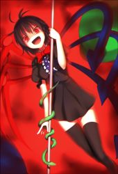Rule 34 | 1girl, :d, asymmetrical wings, black dress, black hair, black thighhighs, bow, cowboy shot, dress, dutch angle, fang, houjuu nue, kaiza (rider000), looking at viewer, messy hair, open mouth, polearm, puffy short sleeves, puffy sleeves, red background, red eyes, shaded face, short dress, short hair, short sleeves, smile, snake, solo, thighhighs, touhou, weapon, wings, zettai ryouiki