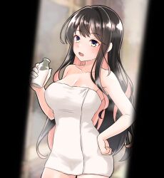 Rule 34 | 1girl, after bathing, black hair, bottle, breasts, cleavage, colored inner hair, furaggu (frag 0416), highres, holding, holding bottle, kantai collection, large breasts, long hair, milk bottle, multicolored hair, naganami (kancolle), naked towel, open mouth, pink hair, solo, towel, two-tone hair, wavy hair, white towel, yellow eyes