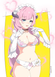 Rule 34 | 1girl, absurdres, alternate costume, artist name, blue eyes, border, bra, breasts, cleavage, collarbone, commentary request, cowboy shot, curled horns, dated, demon horns, elbow gloves, elysia (honkai impact), elysia (miss pink elf) (honkai impact), enmaided, fangs, forehead, gloves, heart, highres, honkai (series), honkai impact 3rd, horns, lace, lace-trimmed bra, lace trim, long hair, maid, navel, open mouth, panties, parted bangs, pink hair, pointy ears, puffy short sleeves, puffy sleeves, short sleeves, shrug (clothing), simple background, solo, thighs, two-tone background, underwear, white border, white bra, white panties, yuzhi lier