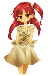 Rule 34 | 1girl, arms behind back, dress, jewelry, long hair, looking at viewer, magi the labyrinth of magic, morgiana, pendant, red eyes, red hair, side ponytail, simple background, solo, tachibana beni, tsurime, white background, white dress