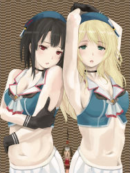 Rule 34 | 2girls, adapted costume, armpits, arms up, atago (kancolle), black gloves, blonde hair, blue eyes, breast hold, breasts, choukai (kancolle), choukai (kancolle) (cosplay), cleavage, cloritin, cosplay, crop top, deformed, fine art parody, gloves, hair between eyes, highres, kantai collection, long hair, looking at viewer, maya (kancolle), maya (kancolle) (cosplay), midriff, multiple girls, navel, open mouth, parody, red eyes, ryuujou (kancolle), short hair, sideboob, takao (kancolle), the scream