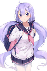 Rule 34 | 1girl, absurdres, ahoge, anchor symbol, azur lane, backpack, bag, black sailor collar, black scrunchie, black skirt, blush, cardigan, commentary request, hair between eyes, hair ornament, hair scrunchie, hands up, highres, holding strap, kohakope, long hair, long sleeves, looking at viewer, low twintails, neckerchief, open mouth, pantyhose, parted lips, pink neckerchief, pleated skirt, purple eyes, purple hair, sailor collar, school uniform, scrunchie, serafuku, shirt, simple background, skirt, sleeves past wrists, solo, twintails, unicorn (long-awaited date) (azur lane), unicorn (azur lane), unicorn (long-awaited date) (azur lane), very long hair, white background, white cardigan, white pantyhose, white shirt, x hair ornament