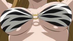 Rule 34 | 1girl, animated, animated gif, bikini, bouncing breasts, breasts, brown hair, cleavage, evergreen (fairy tail), fairy tail, large breasts, long hair, o-ring, o-ring bikini, o-ring top, solo, swimsuit, tattoo, upper body