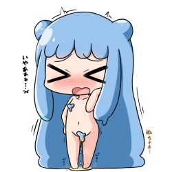 Rule 34 | &gt; &lt;, 1girl, absurdly long hair, blue hair, blush, chibi, commentary request, convenient censoring, double bun, facing viewer, full body, hair bun, half slime-chan, hana kazari, heart, long hair, monster girl, navel, nose blush, nude, original, pee, peeing, peeing self, simple background, slime girl, solo, standing, translation request, very long hair, white background