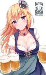 Rule 34 | 1girl, alcohol, alternate costume, beer, beer mug, bismarck (kancolle), blonde hair, blue eyes, blush, breasts, chain, cleavage, closed mouth, collarbone, commentary request, cross, cup, dirndl, dress, german clothes, hair between eyes, hat, holding, holding cup, interstellar, iron cross, jewelry, kantai collection, kriegsmarine, large breasts, long hair, looking at viewer, maid, military hat, mini hat, mug, necklace, oktoberfest, peaked cap, simple background, smile, solo, standing, white background