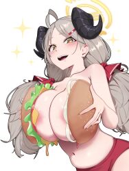 Rule 34 | 1girl, :d, areola slip, bare shoulders, blue archive, blush, bread, breasts, brown eyes, buruma, cheese, cleavage, drooling, food, grey hair, hair ornament, hairclip, halo, highres, horns, izumi (blue archive), large breasts, long hair, looking at viewer, navel, onion, open mouth, paid reward available, simple background, smile, solo, tomato, tomato slice, topless, white background, yzr (yzr99)
