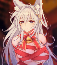 Rule 34 | 1girl, absurdres, animal ear fluff, animal ears, areola slip, azur lane, bare shoulders, bell, blue eyes, blush, breasts, cleavage, closed mouth, fox ears, fox girl, hair ornament, highres, kitsune, large breasts, long hair, looking at viewer, merry christmas, naked ribbon, rabe26k, red ribbon, ribbon, shinano (azur lane), solo