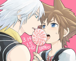 Rule 34 | 2boys, bad id, bad pixiv id, blue eyes, blush, brown hair, candy, eye contact, face-to-face, fingerless gloves, food, gloves, green eyes, jewelry, kingdom hearts, kingdom hearts i, licking, lollipop, looking at another, male focus, multiple boys, necklace, ng (samwise), ng sam, pink background, riku (kingdom hearts), sharing food, simple background, sora (kingdom hearts), spiked hair, sweatdrop, swirl lollipop, tongue, tongue out, translation request, white hair