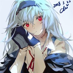 Rule 34 | 1girl, black hairband, black jacket, blue hair, collared shirt, dated, expressionless, girls&#039; frontline, gloves, hair between eyes, hairband, jacket, long hair, long sleeves, looking at viewer, neck ribbon, neck stitches, off shoulder, red eyes, red ribbon, ribbon, scar, scar on neck, shirt, signature, simple background, solo, stitched neck, stitches, thunder (girls&#039; frontline), upper body, white shirt, xiao chichi