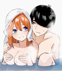 Rule 34 | 1boy, 1girl, absurdres, antenna hair, bath, bathing, black hair, blue eyes, blush, breasts, cleavage, closed mouth, commentary, completely nude, couple, covering breasts, covering privates, double-parted bangs, embarrassed, eyebrows hidden by hair, frown, go-toubun no hanayome, hair between eyes, hands on own breasts, hetero, highres, hug, hug from behind, large breasts, light smile, looking at another, mame1645, medium hair, mixed-sex bathing, nakano yotsuba, nose blush, nude, orange eyes, orange hair, partially submerged, shared bathing, simple background, steam, swept bangs, towel, towel on head, uesugi fuutarou, upper body, wet, wet hair, white background