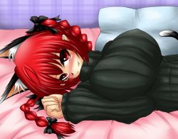 Rule 34 | 1girl, animal ears, bed, blush, braid, breasts, cat ears, cat girl, cat tail, covered erect nipples, female focus, hair ornament, huge breasts, kaenbyou rin, lying, on back, red eyes, red hair, solo, sweater, tail, touhou, yutanpo-2