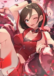 Rule 34 | 1girl, absurdres, arm up, bare arms, black bra, bra, breasts, brown eyes, brown hair, cleavage, commentary, confetti, crop top, cushion, highres, knees up, kusunokimizuha, lipstick, makeup, medium breasts, meiko (vocaloid), meiko (vocaloid3), miniskirt, one eye closed, open mouth, red shirt, red skirt, red theme, shirt, short hair, sitting, skirt, smile, solo, sparkle, underwear, vocaloid, wrist cuffs, zipper