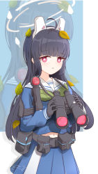 Rule 34 | 1girl, animal ears, binoculars, black gloves, black hair, blue archive, blue serafuku, blue skirt, blush, bright pupils, closed mouth, commentary request, cowboy shot, expressionless, fake animal ears, gloves, green neckerchief, halo, highres, holding, holding binoculars, leaf, leaf on head, long hair, looking at viewer, miyu (blue archive), neckerchief, rabbit ears, red eyes, sailor collar, school uniform, serafuku, skirt, solo, two-tone skirt, white pupils, white sailor collar, white skirt, ziyu zi kong fang