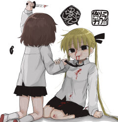 Rule 34 | 2girls, :3, arm support, arm up, black eyes, black ribbon, black skirt, black socks, bleeding from forehead, blonde hair, blood, blood from mouth, blood on clothes, bloody knife, brown hair, bruise, bruise on face, collared shirt, commentary request, empty eyes, facing away, fake sonya (kill me baby), hair ribbon, highres, holding, holding knife, injury, kill me baby, kneehighs, kneeling, knife, long hair, long sleeves, medium hair, multiple girls, necktie, necktie grab, neckwear grab, oribe yasuna, peril, pleated skirt, reverse grip, ribbon, scraped knee, shirt, shoes, simple background, skirt, socks, speech bubble, tearing up, translation request, trembling, twintails, uwabaki, very long hair, white background, white shirt, white socks, yasashii naizou