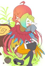 Rule 34 | 2girls, absurdres, ahoge, animal ears, bird ears, bird legs, black shorts, blonde hair, blue feathers, blush, breasts, closed eyes, coco (eogks), commentary, facial mark, feathers, grass, green hair, grey hoodie, harpy, highres, hood, hoodie, hug, long hair, mako (eogks), monster girl, multicolored hair, multiple girls, nn (eogks), orange feathers, original, red feathers, red hair, rock, shorts, siblings, sisters, skirt, talons, tree stump, two-tone hair, two-tone wings, very long hair, white background, winged arms, wings