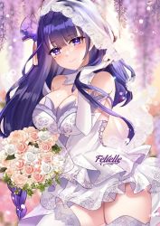 Rule 34 | 1girl, alternate costume, alternate hairstyle, bare shoulders, breasts, bridal veil, bride, cleavage, detached sleeves, dress, felielle, flower, genshin impact, holding, holding own hair, lace-trimmed collar, lace trim, large breasts, long hair, looking at viewer, low ponytail, mole, mole under eye, purple eyes, purple flower, purple hair, raiden shogun, smile, solo, thighhighs, thighs, veil, very long hair, wedding dress, white thighhighs