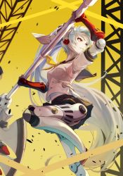 Rule 34 | &gt;:), 1girl, android, axe, black sailor collar, black skirt, breasts, grey hair, hair between eyes, highres, holding, holding axe, holding weapon, houndstooth, joints, labrys (persona), leg up, long hair, neckerchief, online neet, persona, persona 4, persona 4: the ultimate in mayonaka arena, pleated skirt, print skirt, red eyes, robot joints, sailor collar, shirt, short sleeves, simple background, skirt, small breasts, smile, solo, utility pole, v-shaped eyebrows, weapon, white shirt, wind, wind lift, yellow background, yellow neckerchief