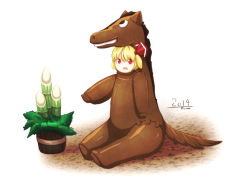 Rule 34 | 10s, 1girl, 2014, :d, animal costume, bamboo, blonde hair, bow, furim, hair bow, hair ribbon, happy, horse costume, looking at viewer, open mouth, red bow, red eyes, ribbon, rumia, short hair, sitting, smile, touhou, vase