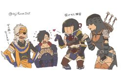 Rule 34 | 2boys, 2girls, :d, ^ ^, asaya minoru, black hair, blowing kiss, blue gloves, blunt bangs, breasts, brown legwear, character request, closed eyes, covered eyes, cropped legs, elbow gloves, eyepatch, flying sweatdrops, gauntlets, gloves, grey hair, hair over one eye, hand on own hip, kamura (armor), medium breasts, monster hunter (series), monster hunter rise, multiple boys, multiple girls, open mouth, partially fingerless gloves, short hair, simple background, smile, thighhighs, translation request, twitter username, white background