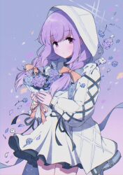 Rule 34 | 1girl, atsuko (blue archive), blue archive, bouquet, bow, braid, cross-laced clothes, cross-laced sleeves, dress, flower, gradient background, hair bow, halo, highres, holding, holding bouquet, hood, hood up, hooded jacket, jacket, low twin braids, maumauma mau, pink hair, purple background, red eyes, solo, twin braids, white dress, white hood, white jacket