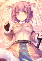 Rule 34 | 1girl, :o, animal ears, belt, breasts, cat ears, clulu aluminal, cowboy shot, crop top, crop top overhang, detached sleeves, from below, fur trim, green eyes, highres, holding, holding weapon, kanpani girls, large breasts, long sleeves, looking at viewer, looking down, multicolored clothes, multicolored skirt, no bra, pink hair, short hair, skirt, solo, tenmaso, underboob, weapon