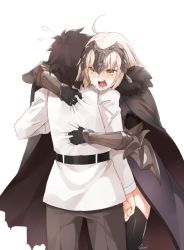 Rule 34 | 1boy, 1girl, ahoge, armor, armored dress, belt, black gloves, black hair, black thighhighs, blonde hair, cape, capelet, crying, crying with eyes open, eiri (eirri), fate/grand order, fate (series), fujimaru ritsuka (male), fur trim, gauntlets, gloves, headpiece, hetero, hug, jeanne d&#039;arc (fate), jeanne d&#039;arc alter (avenger) (fate), jeanne d&#039;arc alter (avenger) (first ascension) (fate), jeanne d&#039;arc alter (fate), long sleeves, open mouth, tears, thighhighs, yellow eyes