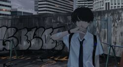 Rule 34 | 1boy, absurdres, backpack, bag, bandaid, bandaid on arm, black eyes, black hair, blood, blue necktie, building, city, closed mouth, collared shirt, dress shirt, graffiti, highres, looking at viewer, male focus, mole, mole under eye, necktie, nosebleed, original, orval, outdoors, shirt, short hair, solo, traffic cone, watch, white shirt, wide shot, wristwatch