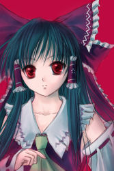 Rule 34 | 1girl, bow, collar, female focus, green hair, hair bow, hair tubes, hakurei reimu, imperishable night, looking at viewer, red background, red bow, red eyes, ribbon-trimmed sleeves, ribbon trim, sidelocks, simple background, solo, touhou, upper body, yuki shuuka