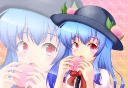 Rule 34 | 1girl, bad id, bad pixiv id, blouse, blue hair, blush, bow, buttons, eating, female focus, food, fruit, gradient background, hat, hinanawi tenshi, leaf, long hair, looking at viewer, open mouth, peach, red eyes, shirt, short sleeves, sidelocks, solo, teeth, torievna, touhou, upper body, zoom layer