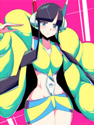 Rule 34 | 1girl, :o, bare shoulders, black hair, blue eyes, blunt bangs, blush, breasts, cleavage, coat, collarbone, commentary, creatures (company), elesa (pokemon), fur coat, game freak, gym leader, hand up, headphones, highres, looking at viewer, nintendo, open mouth, pokemon, pokemon bw2, shimure (460), short hair with long locks, solo, two-tone background, yellow coat