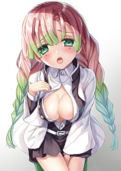 Rule 34 | 1girl, belt, between legs, blush, braid, breasts, cleavage, cowboy shot, gradient background, gradient hair, green eyes, green hair, grey background, hair between eyes, hand between legs, haori, japanese clothes, kanroji mitsuri, kimetsu no yaiba, lips, medium breasts, miniskirt, mole, mole under eye, multicolored hair, no bra, open mouth, partially unbuttoned, pink hair, shirt, simple background, skirt, solo, thighs, tongue, toshi (1-147), twin braids, two-tone hair, white background, wide sleeves