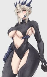 Rule 34 | 1girl, absurdres, armpit crease, armpits, artoria pendragon (fate), artoria pendragon (lancer alter) (fate), black bodysuit, blonde hair, blush, bodysuit, breasts, cluhob, eyebrows hidden by hair, fate/grand order, fate (series), gauntlets, hair between eyes, highres, horns, large breasts, looking at viewer, navel, pale skin, sideboob, sidelocks, single gauntlet, solo, stomach, tight clothes, underboob, yellow eyes