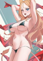 Rule 34 | 1girl, @ @, animal ears, archetto (arknights), arknights, arms behind head, arms up, bikini, black bikini, blue eyes, blush, breasts, fang, heterochromia, highres, large breasts, long hair, looking at viewer, micro bikini, nitro (mugityaoisii), nose blush, open mouth, orange hair, red eyes, simple background, skin fang, solo, swimsuit, tail, tears, very long hair