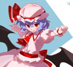 Rule 34 | 1girl, absurdres, ascot, bat wings, black wings, brooch, center frills, collared shirt, commentary, erijian, frilled shirt, frilled sleeves, frills, hair between eyes, hat, hat ribbon, highres, jewelry, low wings, mob cap, outstretched arms, pink hat, pink shirt, pink skirt, puffy short sleeves, puffy sleeves, purple hair, red ascot, red brooch, red eyes, red ribbon, remilia scarlet, ribbon, shirt, short hair, short sleeves, skirt, solo, spread arms, symbol-only commentary, touhou, v-shaped eyebrows, wings, wrist cuffs