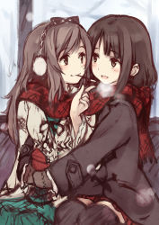 Rule 34 | 2girls, :d, black hair, bow, breath, coat, earmuffs, food, highres, kyuri, mittens, multiple girls, open mouth, original, pocky, scarf, shared clothes, shared scarf, sketch, smile, winter clothes, yuri