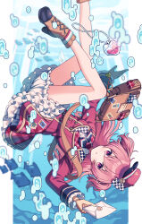 Rule 34 | 1girl, absurdres, air bubble, amagi hana, black ribbon, bloomers, blush, boots, brown footwear, bubble, buttons, caustics, checkered clothes, checkered ribbon, cross-laced footwear, dot nose, double-breasted, envelope, falling, fish, foot out of frame, hat, heart, heart necklace, high heel boots, high heels, highres, holding, holding envelope, jacket, jewelry, lace-up boots, lapels, long sleeves, looking at viewer, mini hat, momoi airi, neck ribbon, necklace, parted lips, petticoat, pillarboxed, pink eyes, pink hair, pink hat, pink jacket, plaid, plaid skirt, pleated skirt, postage stamp, project sekai, ribbon, skirt, sleeve cuffs, solo, two side up, underwater, underwear, upside-down, white bloomers
