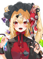 Rule 34 | 1girl, alternate costume, black bow, black dress, black hat, black ribbon, blonde hair, blush, bow, buckle, buttons, commentary request, crystal, dress, flandre scarlet, gotou (nekocat), grey bow, hair between eyes, hair ornament, hairclip, hands up, hat, hat ribbon, heart, heart-shaped buckle, highres, holding, holding needle, holding scissors, looking at viewer, mob cap, nail polish, neck ribbon, needle, one side up, open mouth, pincushion, pointy ears, red dress, red eyes, red nails, ribbon, scissors, sewing needle, sewing pin, short hair, smile, solo, stitched hand, stitches, stuffed animal, stuffed cat, stuffed rabbit, stuffed toy, stuffing, sweatdrop, teddy bear, touhou, turtleneck, two-tone bow, upper body, white background, wings, wrist cuffs