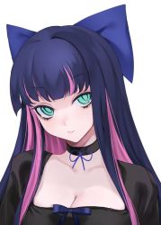 Rule 34 | 1girl, black dress, blue bow, blue hair, bow, breasts, choker, dark blue hair, dress, green eyes, hair bow, highres, multicolored hair, ompf, panty &amp; stocking with garterbelt, pink hair, portrait, simple background, smile, solo, stocking (psg), string bowtie, two-tone hair, upper body, white background
