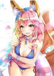 Rule 34 | 1girl, :d, animal ears, bead bracelet, bead necklace, beads, bikini, blue bikini, blush, bracelet, breasts, commentary request, fate/grand order, fate (series), fox ears, fox tail, heart, heart-shaped pupils, highres, jewelry, long hair, looking at viewer, medium breasts, necklace, open mouth, pink hair, sho (runatic moon), side-tie bikini bottom, simple background, smile, solo, swimsuit, symbol-shaped pupils, tail, tamamo (fate), tamamo no mae (fate/extra), tamamo no mae (swimsuit lancer) (fate), white background, yellow eyes