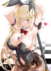 Rule 34 | 1girl, animal ears, armpits, arms behind head, arms up, bare shoulders, belt, black leotard, blonde hair, blush, breasts, brown pantyhose, cleavage, clothing cutout, detached collar, dog tags, elf, fake animal ears, fishnet pantyhose, fishnets, gloves, heart, highleg, highleg leotard, highres, large breasts, leotard, long hair, looking at viewer, navel, navel cutout, original, pantyhose, playboy bunny, pointy ears, pole, pouch, purple eyes, rabbit ears, rabbit tail, shirosuzu, smile, solo, strapless, strapless leotard, stripper pole, tail, thighs, very long hair, white gloves