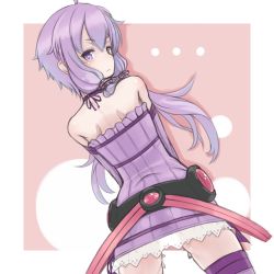 Rule 34 | 1girl, ass, back, bare shoulders, between legs, between thighs, cowboy shot, detached sleeves, dress, dutch angle, from behind, hand between legs, highres, long hair, looking at viewer, looking back, low twintails, purple eyes, purple hair, purple thighhighs, ribbed dress, see-through, short dress, short hair with long locks, solo, strapless, strapless dress, thighhighs, thighs, tonpara, twintails, vocaloid, voiceroid, yuzuki yukari