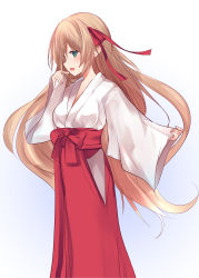 Rule 34 | 1girl, absurdres, alternate costume, arisa (shadowverse), blush, bow, breasts, brown hair, commentary request, gradient background, green eyes, grey background, hair between eyes, hair bow, hakama, hakama skirt, highres, japanese clothes, kimono, long hair, long sleeves, medium breasts, miko, natsu (sinker8c), pinching sleeves, pointy ears, profile, red bow, red hakama, shadowverse, simple background, skirt, sleeves past wrists, solo, very long hair, white background, white kimono, wide sleeves