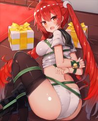 Rule 34 | 1girl, :o, ahoge, ass, azur lane, bad id, bad pixiv id, bdsm, bell, black pantyhose, black sailor collar, black skirt, blush, bondage, bound, breasts, clothes lift, clothes pull, commentary request, feet out of frame, gift, green ribbon, highres, honolulu (azur lane), honolulu (manjuu mischief) (azur lane), honolulu (umbrella girl) (azur lane), indoors, long hair, looking at viewer, looking back, medium breasts, miniskirt, nonon (xenonbot), on floor, open mouth, panties, pantyhose, red eyes, red hair, ribbon, sailor collar, school uniform, shiny skin, shirt, shirt lift, short sleeves, sidelocks, skirt, skirt pull, solo, sweatdrop, thighhighs, twintails, underwear, very long hair, white panties, white shirt, wooden floor