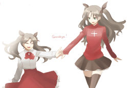 Rule 34 | 2girls, ^ ^, age comparison, black legwear, brown hair, child, dinikee, dual persona, closed eyes, fate/stay night, fate/zero, fate (series), green eyes, holding hands, long hair, multiple girls, pleated skirt, skirt, thighhighs, time paradox, tohsaka rin, turtleneck, two side up, aged down